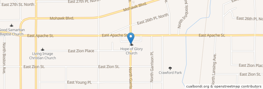 Mapa de ubicacion de Hope of Glory Church en 美利坚合众国/美利堅合眾國, 俄克拉何马州 / 奧克拉荷馬州, Tulsa County, Tulsa.