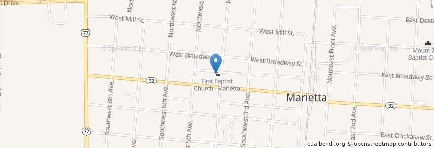 Mapa de ubicacion de First Baptist Church - Marietta en Amerika Syarikat, Oklahoma, Love County, Marietta.