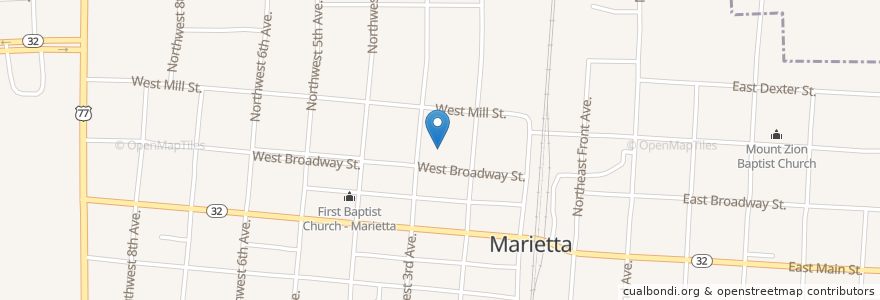Mapa de ubicacion de First Christian Church en ایالات متحده آمریکا, اکلاهما, Love County, Marietta.
