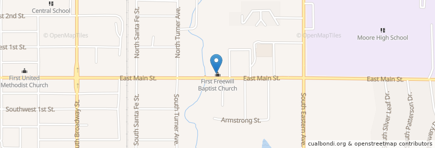 Mapa de ubicacion de First Freewill Baptist Church en Estados Unidos De América, Oklahoma, Cleveland County, Moore.