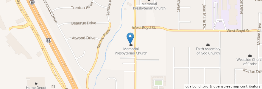 Mapa de ubicacion de Memorial Presbyterian Church en アメリカ合衆国, オクラホマ州, Cleveland County, Norman.