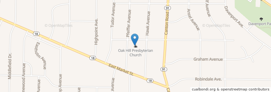 Mapa de ubicacion de Oak Hill Presbyterian Church en 美利坚合众国/美利堅合眾國, 俄亥俄州, Summit County, Akron.