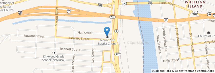 Mapa de ubicacion de Mount Zion Baptist Church en 미국, 오하이오 주, Belmont County, Bridgeport.
