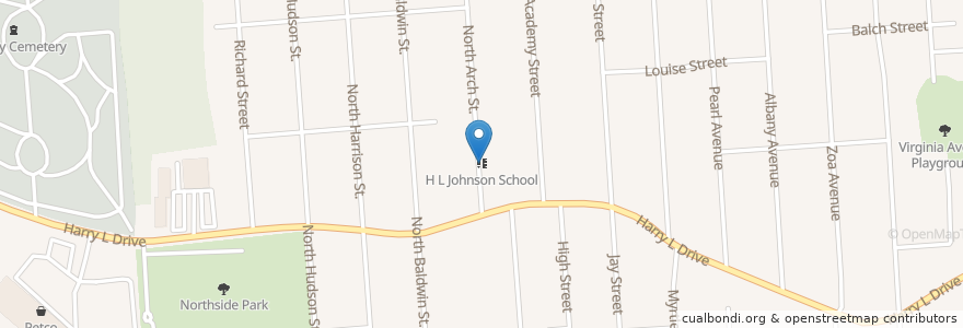 Mapa de ubicacion de H L Johnson School en 미국, 뉴욕, Broome County, Union Town, Johnson City.