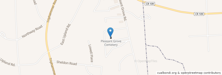 Mapa de ubicacion de Pleasant Grove Cemetery en الولايات المتّحدة الأمريكيّة, نيويورك, Tompkins County, Ithaca Town, Cayuga Heights.