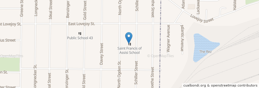Mapa de ubicacion de Saint Francis of Assisi School en アメリカ合衆国, ニューヨーク州, Erie County, Buffalo.
