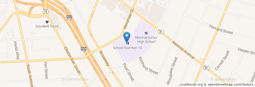 Mapa de ubicacion de School Number 15 en United States, New York, Monroe County, Rochester.
