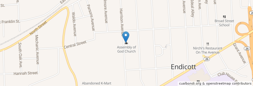 Mapa de ubicacion de Assembly of God Church en United States, New York, Broome County, Union Town, Endicott.