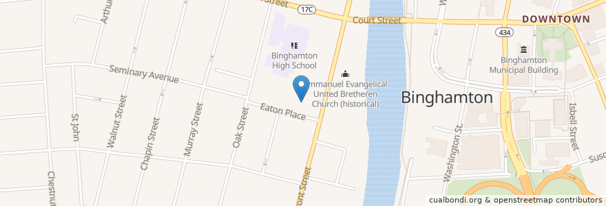 Mapa de ubicacion de Roberson Memorial Center en Amerika Syarikat, New York, Broome County, Binghamton.