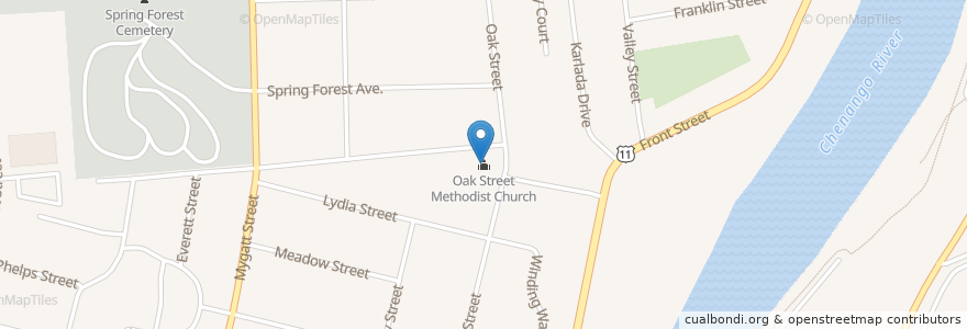 Mapa de ubicacion de Oak Street Methodist Church en الولايات المتّحدة الأمريكيّة, نيويورك, Broome County, Binghamton.