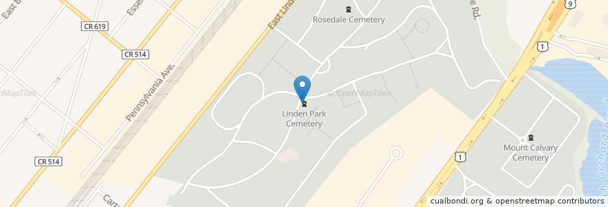 Mapa de ubicacion de Linden Park Cemetery en アメリカ合衆国, ニュージャージー州, Union County, Linden.