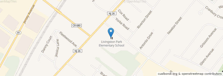 Mapa de ubicacion de Livingston Park Elementary School en الولايات المتّحدة الأمريكيّة, نيو جيرسي, Middlesex County, North Brunswick Township.