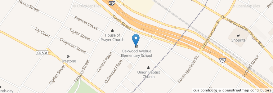 Mapa de ubicacion de Oakwood Avenue Elementary School en アメリカ合衆国, ニュージャージー州, Essex County, East Orange.