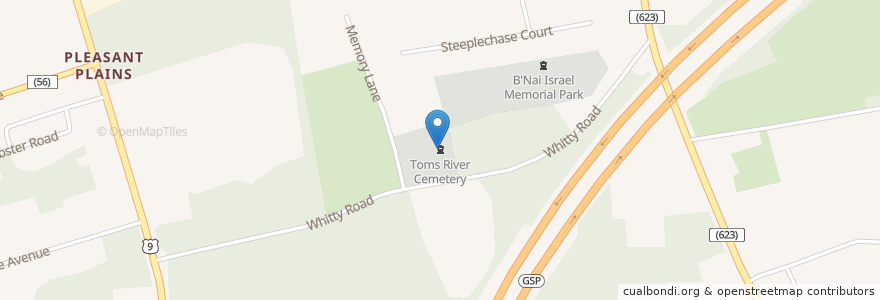 Mapa de ubicacion de Toms River Cemetery en アメリカ合衆国, ニュージャージー州, Ocean County, Toms River.