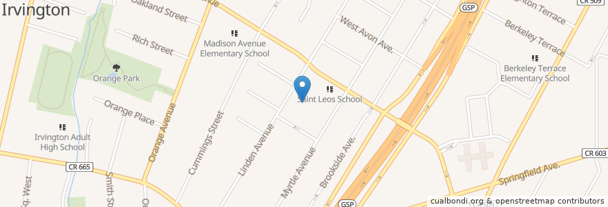 Mapa de ubicacion de Walsh High School en 美利坚合众国/美利堅合眾國, 新泽西州 / 新澤西州 / 紐澤西州, Essex County, Irvington.