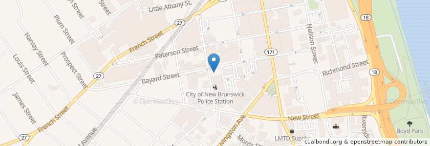 Mapa de ubicacion de New Brunswick Main Post Office en Estados Unidos De América, Nueva Jersey, Middlesex County, New Brunswick.