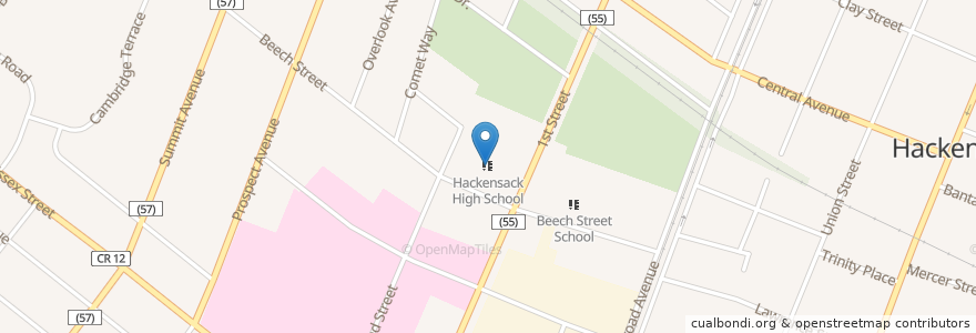 Mapa de ubicacion de Hackensack High School en 美利坚合众国/美利堅合眾國, 新泽西州 / 新澤西州 / 紐澤西州, Bergen County, Hackensack.