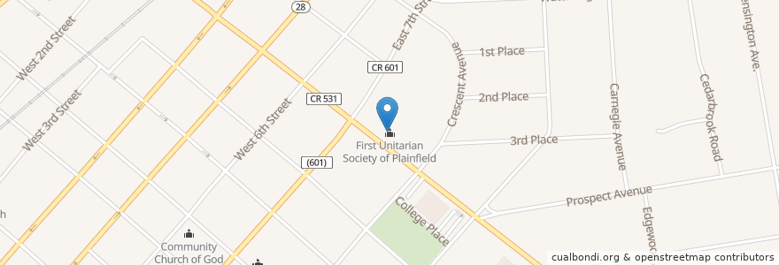 Mapa de ubicacion de First Unitarian Society of Plainfield en 美利坚合众国/美利堅合眾國, 新泽西州 / 新澤西州 / 紐澤西州, Union County, Plainfield.