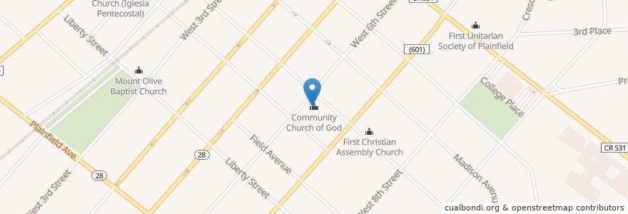 Mapa de ubicacion de Community Church of God en Vereinigte Staaten Von Amerika, New Jersey, Union County, Plainfield.