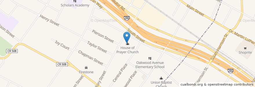 Mapa de ubicacion de House of Prayer Church en 美利坚合众国/美利堅合眾國, 新泽西州 / 新澤西州 / 紐澤西州, Essex County, East Orange.