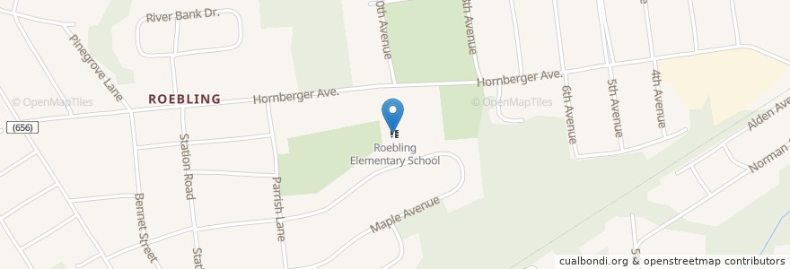 Mapa de ubicacion de Roebling Elementary School en Amerika Birleşik Devletleri, New Jersey, Burlington County, Florence Township.