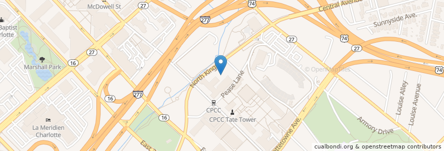 Mapa de ubicacion de Central Piedmont Community College en アメリカ合衆国, ノースカロライナ州, Mecklenburg County, Charlotte.