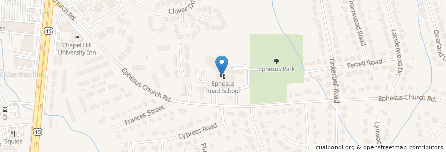 Mapa de ubicacion de Ephesus Road School en 미국, 노스캐롤라이나, Orange County, Chapel Hill.