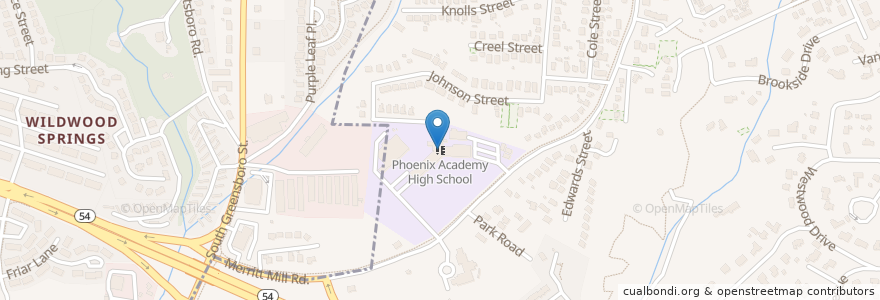 Mapa de ubicacion de Phoenix Academy High School en アメリカ合衆国, ノースカロライナ州, Orange County.