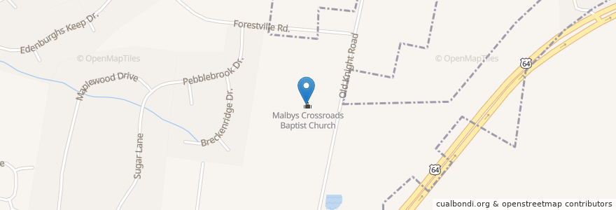 Mapa de ubicacion de Malbys Crossroads Baptist Church en アメリカ合衆国, ノースカロライナ州, Wake County, Knightdale.