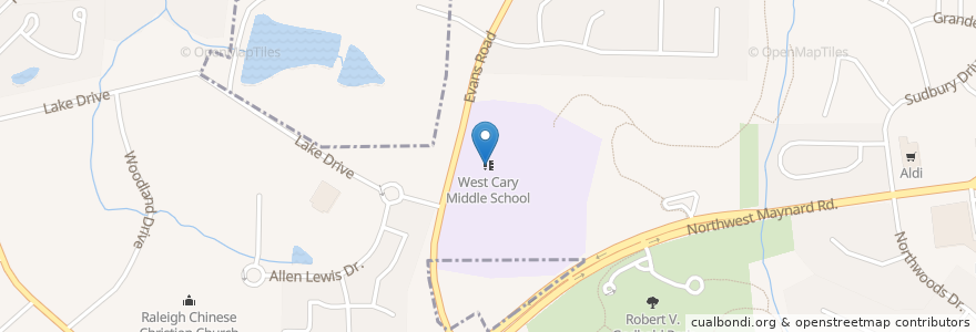 Mapa de ubicacion de West Cary Middle School en United States, North Carolina, Wake County, Cary.