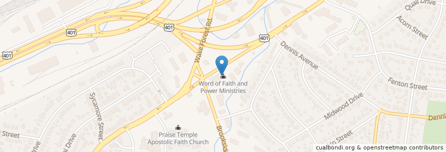 Mapa de ubicacion de Word of Faith and Power Ministries en Amerika Syarikat, Carolina Utara, Wake County, Raleigh.