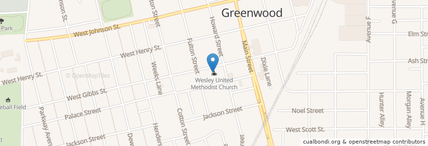 Mapa de ubicacion de Wesley United Methodist Church en United States, Mississippi, Leflore County, Greenwood.