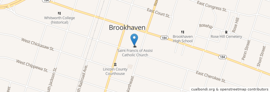 Mapa de ubicacion de Saint Francis of Assisi Catholic Church en United States, Mississippi, Lincoln County, Brookhaven.
