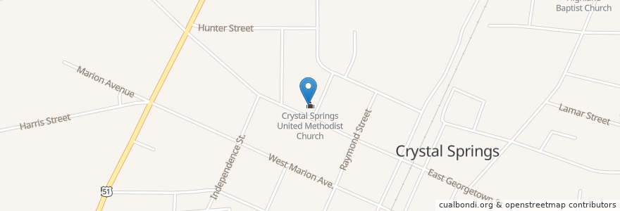 Mapa de ubicacion de Crystal Springs United Methodist Church en United States, Mississippi, Copiah County, Crystal Springs.