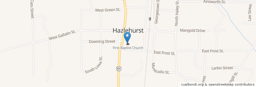 Mapa de ubicacion de First Baptist Church en الولايات المتّحدة الأمريكيّة, مسيسيبي, Copiah County, Hazlehurst.