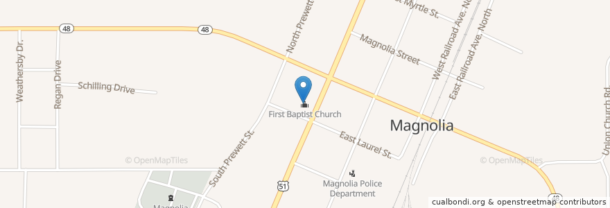 Mapa de ubicacion de First Baptist Church en United States, Mississippi, Pike County, Magnolia.