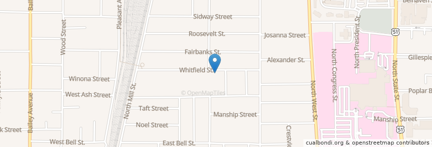 Mapa de ubicacion de New Jerusalem Baptist Church en الولايات المتّحدة الأمريكيّة, مسيسيبي, Hinds County, Jackson.