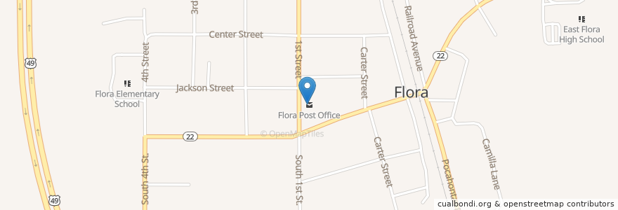 Mapa de ubicacion de Flora Post Office en Estados Unidos Da América, Mississippi, Madison County, Flora.