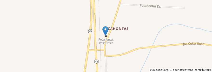 Mapa de ubicacion de Pocahontas Post Office en États-Unis D'Amérique, Mississippi, Hinds County.