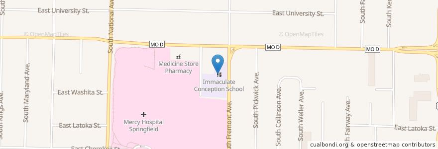 Mapa de ubicacion de Immaculate Conception School en Amerika Birleşik Devletleri, Missouri, Greene County, Springfield.