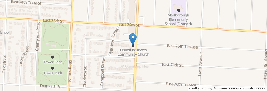 Mapa de ubicacion de United Believers Community Church en Amerika Syarikat, Missouri, Kansas City, Jackson County.
