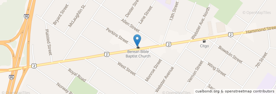 Mapa de ubicacion de Berean Bible Baptist Church en Amerika Birleşik Devletleri, Kanada, Maine, Penobscot County, Bangor.