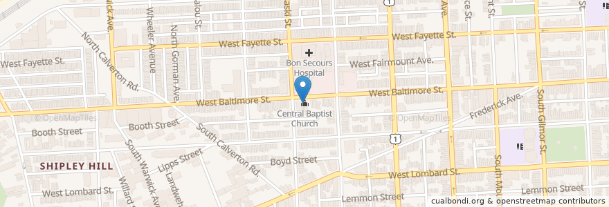 Mapa de ubicacion de Central Baptist Church en Vereinigte Staaten Von Amerika, Maryland, Baltimore.