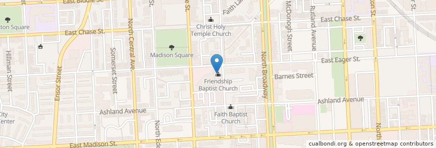 Mapa de ubicacion de Friendship Baptist Church en アメリカ合衆国, メリーランド州, Baltimore.