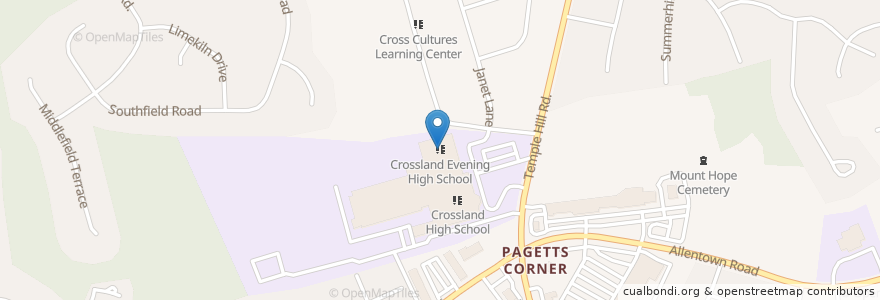 Mapa de ubicacion de Crossland Evening High School en United States, Maryland, Prince George's County, Camp Springs.