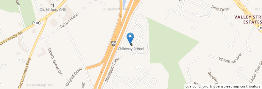 Mapa de ubicacion de Childway School en 美利坚合众国/美利堅合眾國, 马里兰州, Montgomery County, Burtonsville.