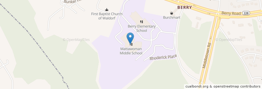Mapa de ubicacion de Mattawoman Middle School en United States, Maryland, Charles County, Waldorf.