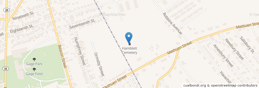 Mapa de ubicacion de Hamblett Cemetery en アメリカ合衆国, マサチューセッツ州, Middlesex County, Dracut, Lowell.