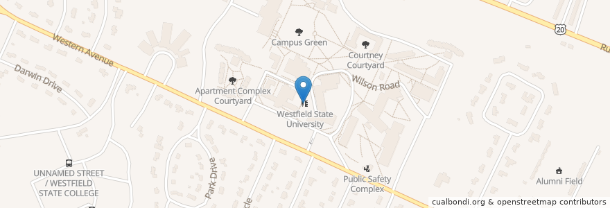 Mapa de ubicacion de Westfield State University en Estados Unidos Da América, Massachusetts, Hampden County, Westfield.