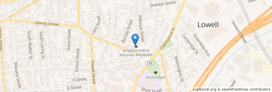Mapa de ubicacion de Kingdom Hall of Jehovahs Witnesses en Estados Unidos Da América, Massachusetts, Middlesex County, Lowell.